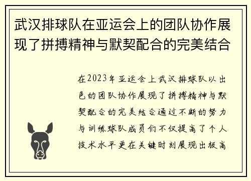 武汉排球队在亚运会上的团队协作展现了拼搏精神与默契配合的完美结合